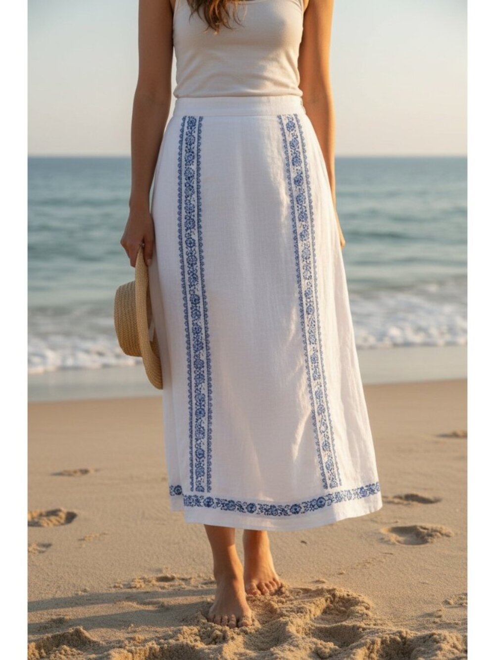 Moda International Linen Long Skirt Women Medium White Embroidered Greek Coastal